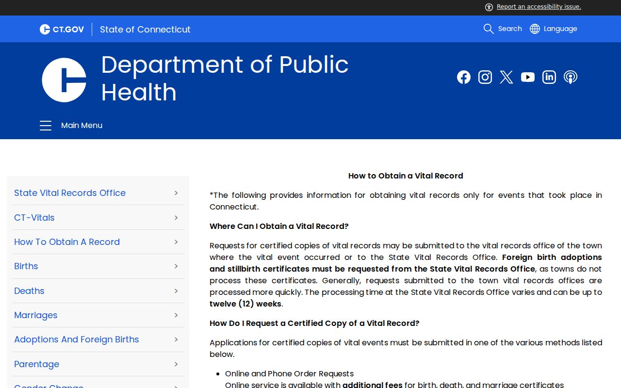 Mansfield residents directory Connecticut DPH vital record instructions