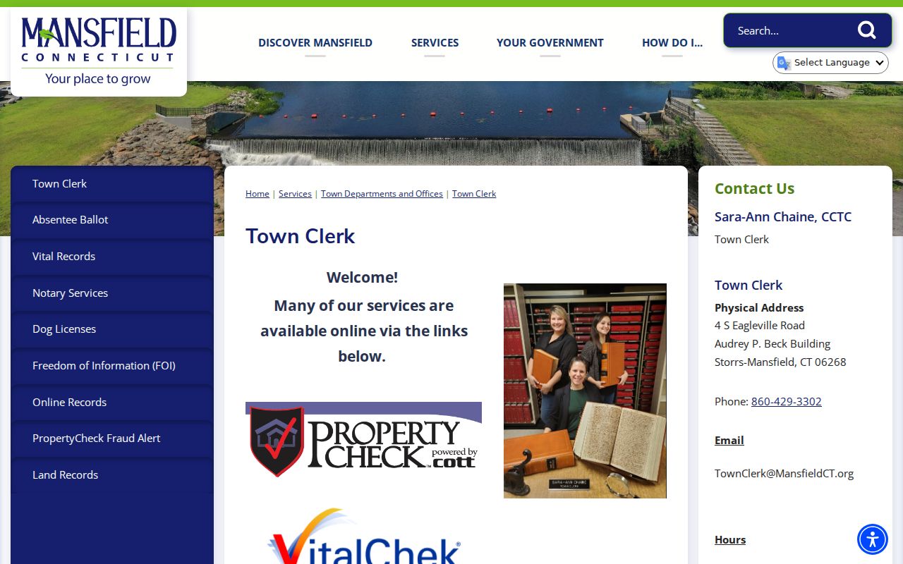 Mansfield residents directory Town Clerk land records gateway