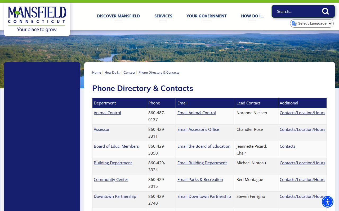 Mansfield neighbors municipal phone directory