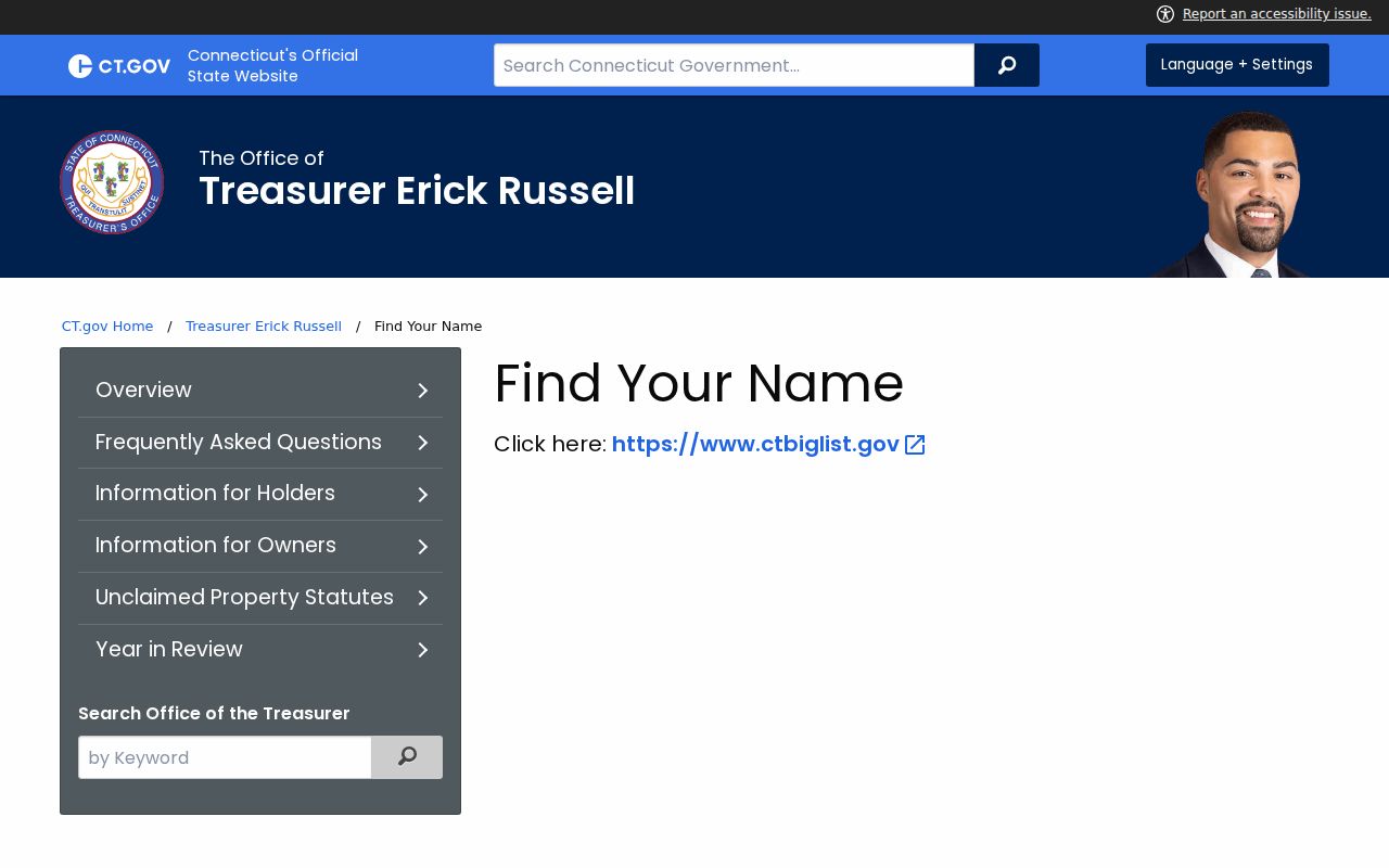 Mansfield resident lookup Connecticut unclaimed property name search