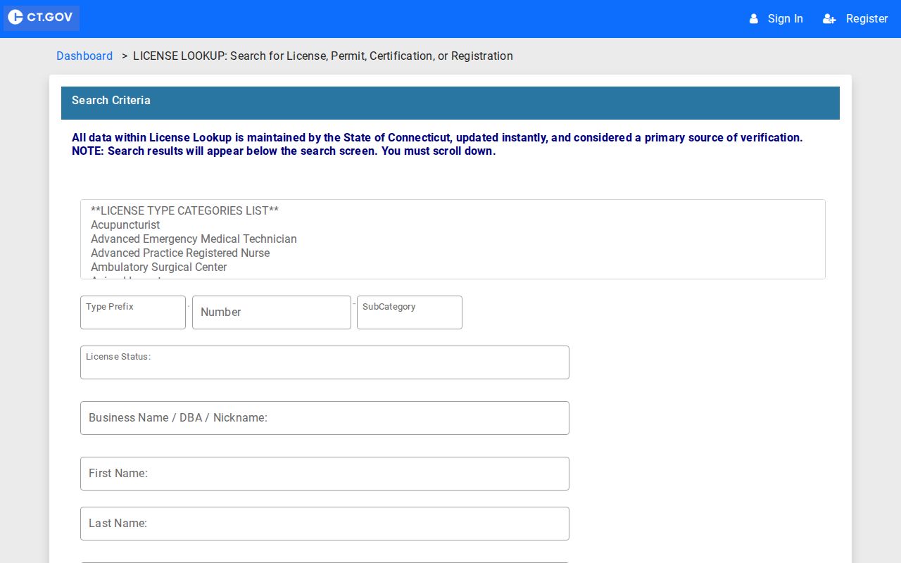 Mansfield resident lookup Connecticut eLicense credential search