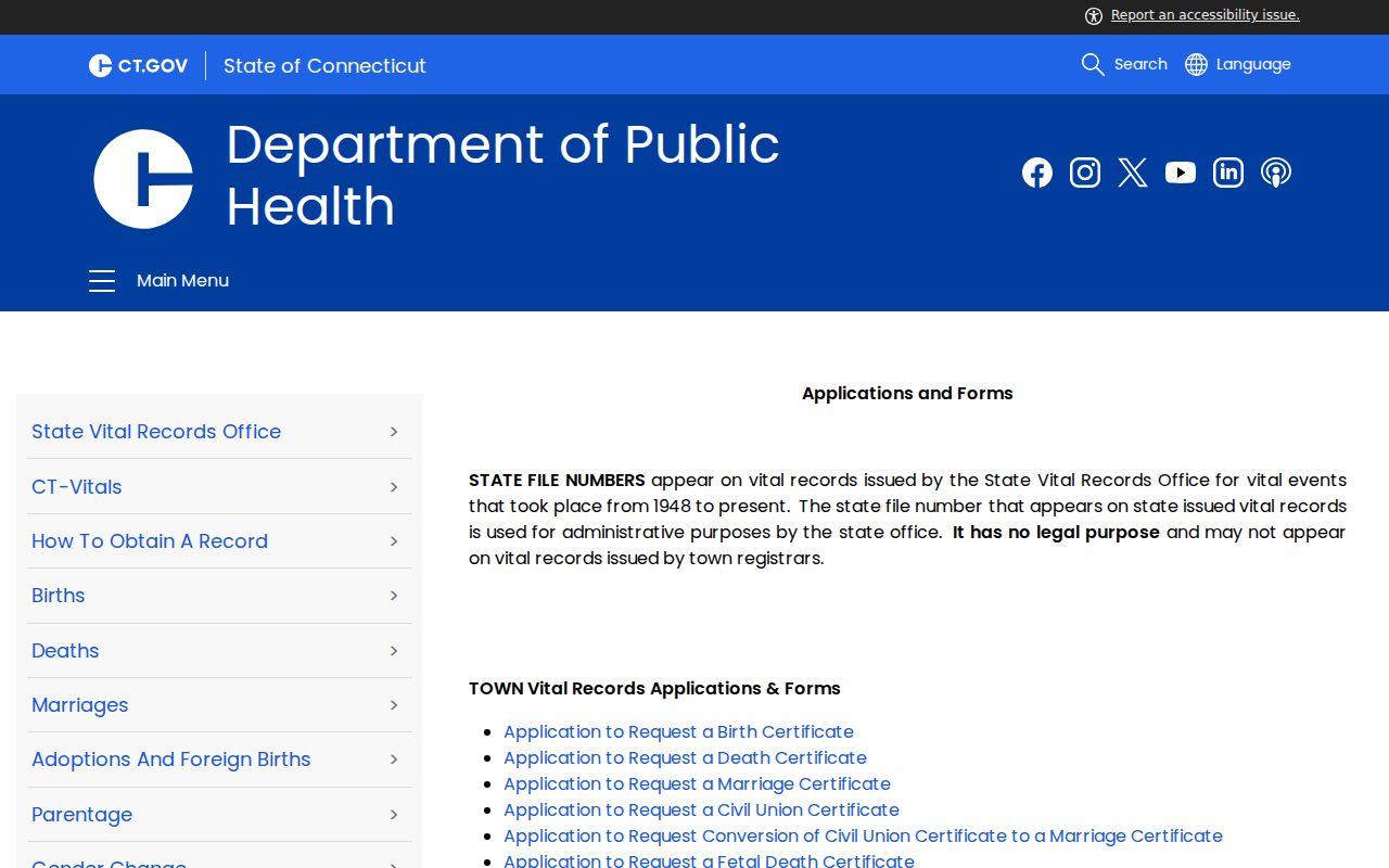 Mansfield resident lookup Connecticut DPH vital record application forms