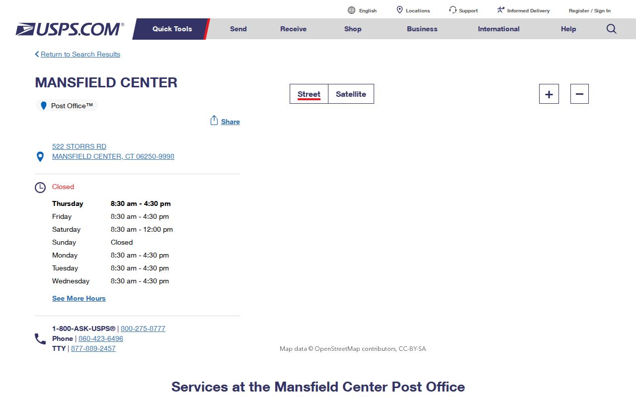 Mansfield ZIP code USPS Mansfield Center location
